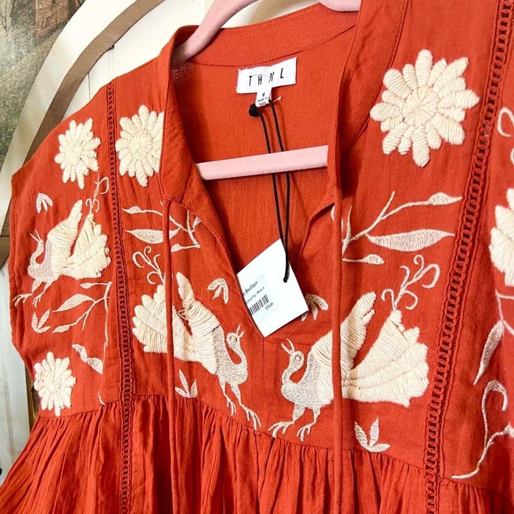 #70 New! THML Nora Embroidered Babydoll Top burnt orange Crane bird embroidery - Picture 7 of 7